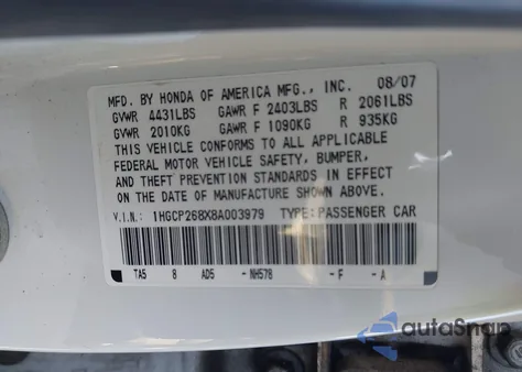 2008 Honda Accord 2.4 Ex-L from USA, damaged, VIN 1HGCP268X8A003979